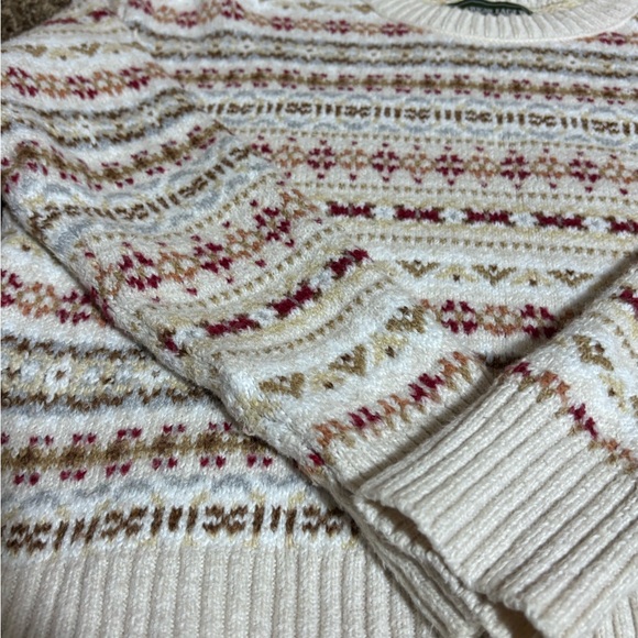 Vintage American Eagle Knit Pullover Sweater Fair Isle Ivory Red Brown Crew Neck - Picture 2 of 6
